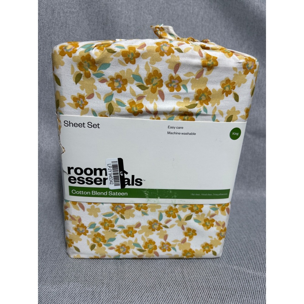 Room Essentials King Floral Sheet Set Yellow Cotton Blend Sateen 4pc New